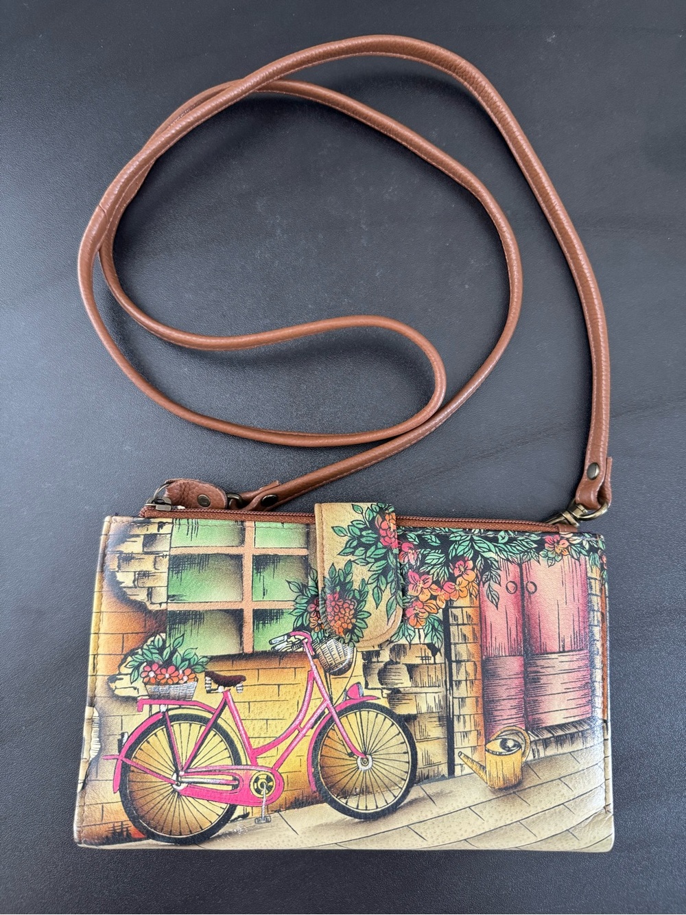 Anuschka Brown Crossbody Bag with Pink Bicycle & Floral Mural